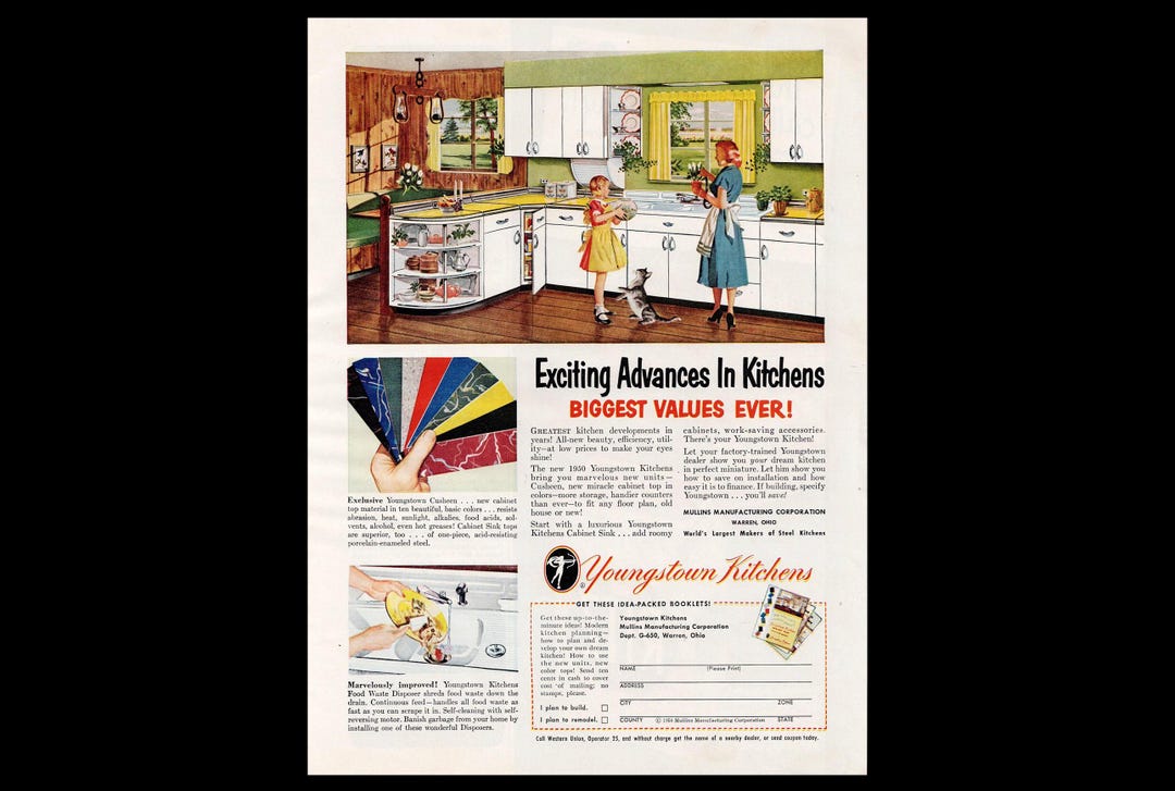 Kitchen Magazine Advert 1940s Youngstown Kitchen Magazine Ad, Retro Kitchen Décor, Mom Girl Cat ...