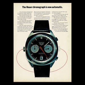 May include: Vintage Heuer Carrera automatic chronograph watch with a black dial, silver subdials, and a black leather strap. The watch features red and white accents and the text "Carrera Heuer". The ad states "The Heuer chronograph is now automatic."