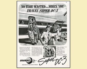 1949 Douglas Super DC-3 Print Ad • Built-In Airstairs Passengers Art 8x11