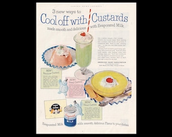 1952 Evaporated Milk &quot;Cool Off With Custards&quot; Magazine Ad, Recipes in Ad