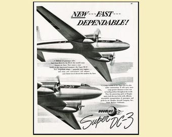 1949 Douglas Super DC-3 Vintage Print Ad • Original Aviation Wall Art 10x13