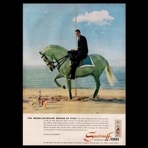 1955 Smirnoff Vodka Original Magazine Ad: Merry-Go-Round Carousel Horse Equestrian Theme