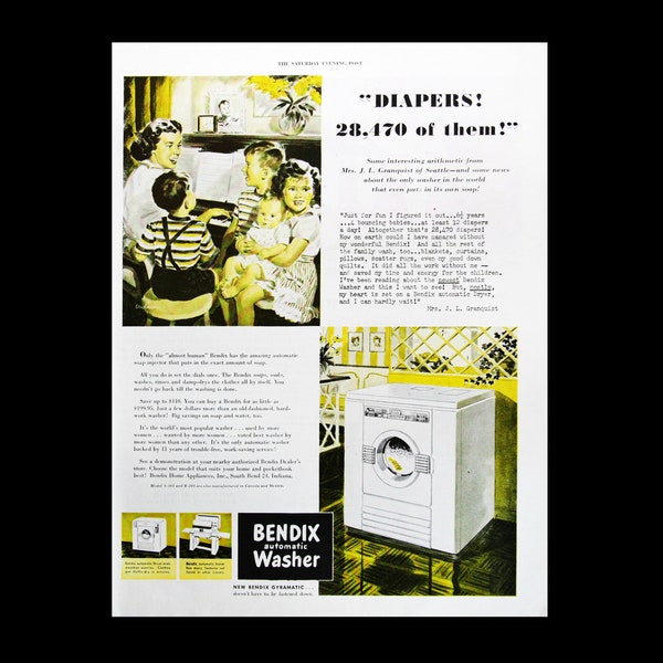 1948 Retro Bendix Automatic Washer Magazine Ad, Wringer Washer, Washing Machine