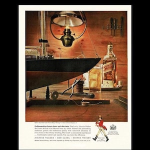 May include: A vintage advertisement for Johnnie Walker Red Label Scotch Whisky. The image features a model ship, a bottle of whiskey, a glass of whiskey, and a man in a red coat walking with a cane. The text reads "Comradery always shows up in the taste. Red Label Scotch is no different from any quality. That's why Johnnie Walker Red Label presents the tradition in its taste. With patient and meticulous care, the finest Scotch whiskies are blended to create a taste that's consistently smooth and mellow. The result - consistently the flavor of this traditionally fine whisky blending. You can taste the difference. JOHNNIE WALKER - RED LABEL - SCOTCH WHISKY."