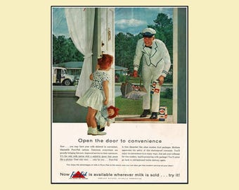 1959 Pure‑Pak Milk Container Magazine Ad – Milkman & Divco Truck Retro Dairy Art – Original 10×13