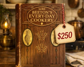 May include: A vintage cookbook titled "Mrs. Beeton's Every-Day Cookery" with a brown cover and gold lettering. The book has an attached price tag. The cover features illustrations and the words "New Edition".