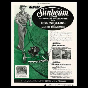 1955 Sunbeam Rotary Lawn Mower Retro Magazine Ad