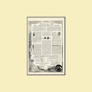 May include: A vintage advertisement with the text "Every day with the master-works of music" at the top. The black and white ad features illustrations, text columns, and the Victor Records logo. The ad is framed in a black border.