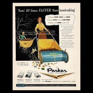 1950s Parker Lawn Sweeper Retro Magazine Ad, Lawn Gardening Tools Leaf Blower