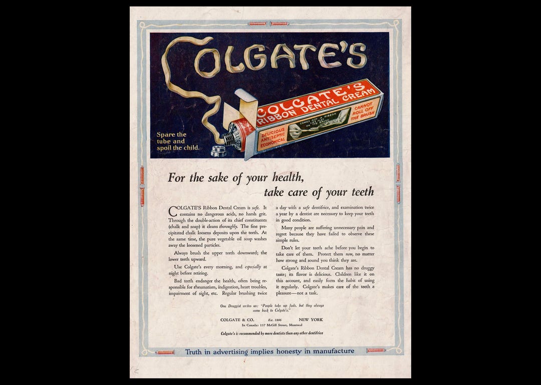 Toothpaste Ribbon 1921 Colgate's Ribbon Dental Cream Magazine Ad, Toothpaste Tooth Paste ...