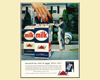 1955 Pure‑Pak Milk Container Magazine Ad – Retro Milkman & Divco Truck Dairy Art – Original 10×13