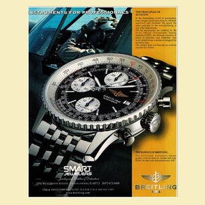 May include: An advertisement for a Breitling Navitimer watch. The watch has a black face with white sub-dials and a silver bezel. The watch is on a stainless steel band. The ad includes the text "INSTRUMENTS FOR PROFESSIONALS" and "BREITLING 1884".
