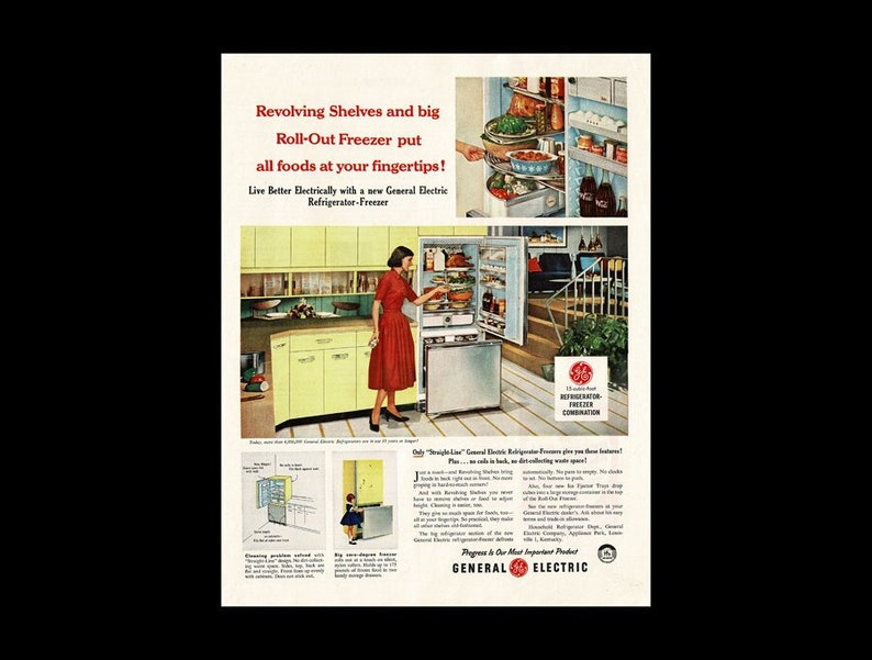 1958 General Electric G.E. Automatic Yellow Refrigerator Retro Magazine Ad, Household Appliances, Blue Pyrex image 1