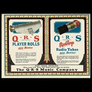 1907 Q.R.S Music Company RARE Magazine Ad, QRS Player Rolls Vacuum Radio Tubes