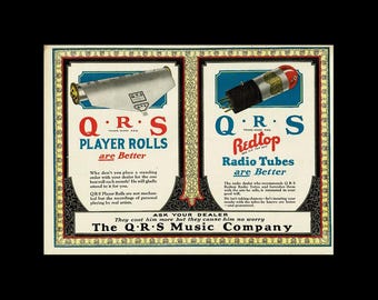 1907 Q.R.S Music Company RARE Magazine Ad, QRS Player Rolls Vacuum Radio Tubes