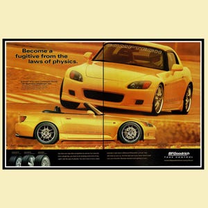May include: A yellow convertible sports car shown from two angles in an advertisement. The text reads: Become a fugitive from the laws of physics. The ad features BFGoodrich branding and displays three black tires at the bottom left corner.