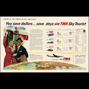 1955 TWA Trans World Airlines Retro DOUBLE PAGE Magazine Ad