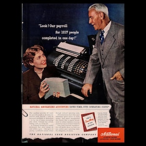 1949 National Cash Register Company Retro Magazine Ad, NCR Mechanized Accounting Office Decor