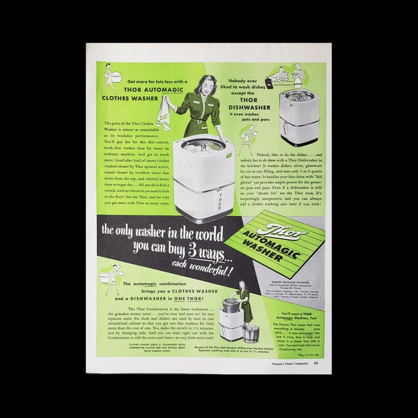 Thor Washer Machine Magazine Ad, Original Retro 1947 Advertisement