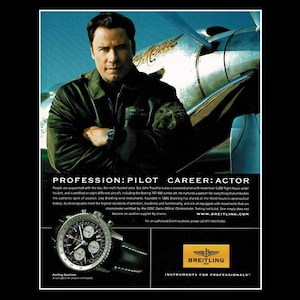 2000s John Travolta Breitling Navitimer Watch &quot;P-51 Mustang Precious Metal&quot; Original Magazine Ad