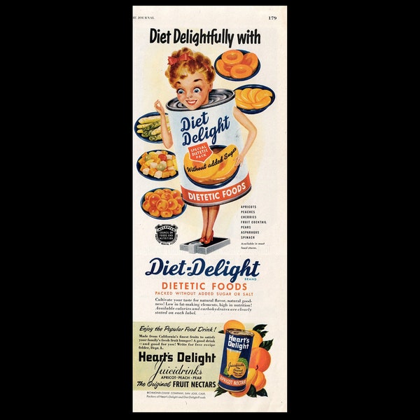 1951 Dietic Delight Magazine Ad, "Retro Food With Legs"