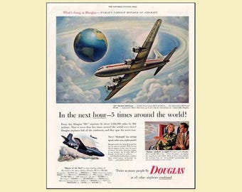 1953 Douglas DC-6 Print Ad • 5 Times Around The World Globe Navy Skynight 10x13