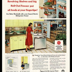 1958 General Electric G.E. Automatic Yellow Refrigerator Retro Magazine Ad, Household Appliances, Blue Pyrex image 2
