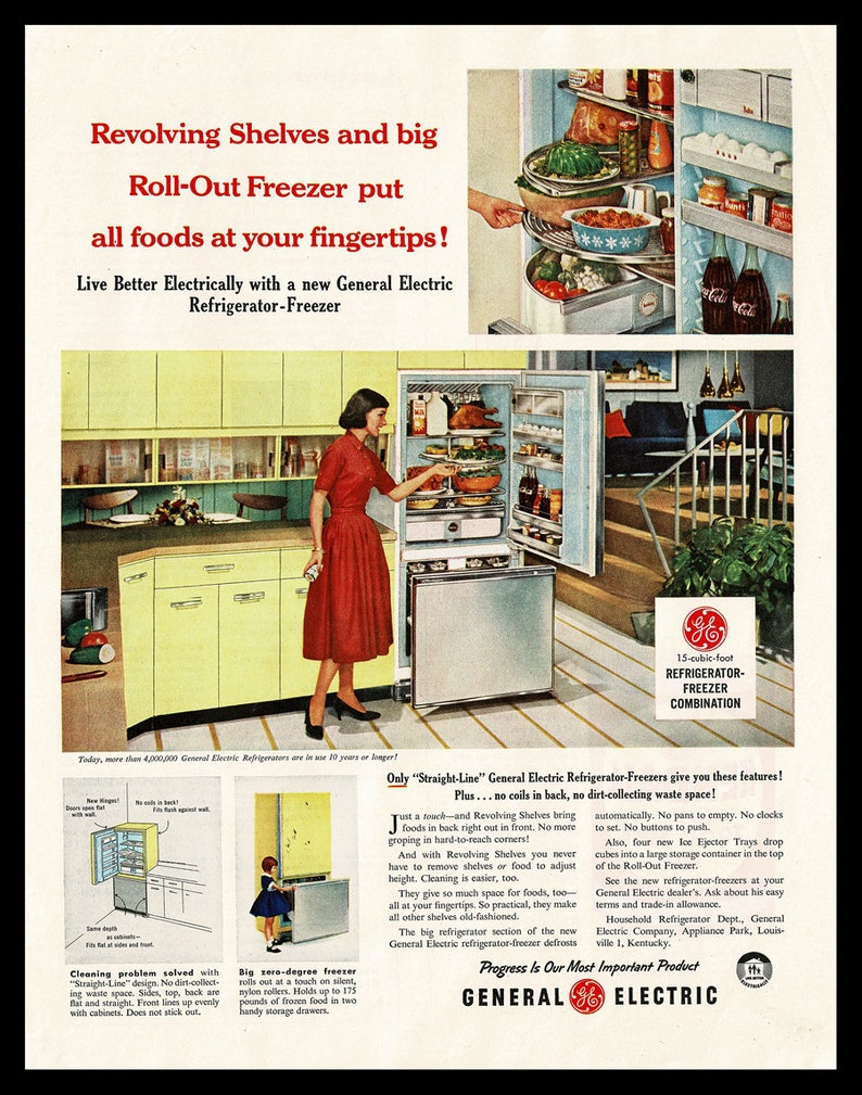 1958 General Electric G.E. Automatic Yellow Refrigerator Retro Magazine Ad, Household Appliances, Blue Pyrex image 2