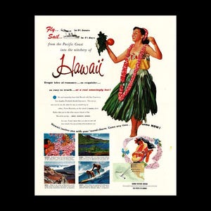 1952 Hawaii Island Beach Retro Travel Magazine Ad, Hula Girl Dancer Dancing Tropical Vacation Decor