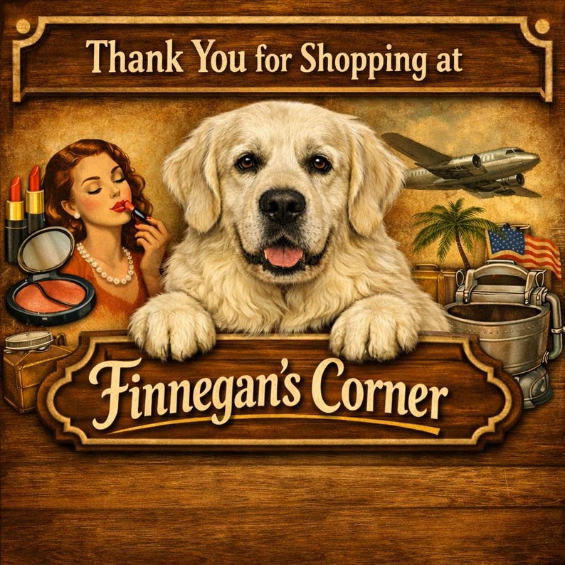 K&ouml;nnte beinhalten: Ein freundlicher Golden Retriever-Hund blickt &uuml;ber ein Holzschild mit der Aufschrift "Finnegan's Corner". Dar&uuml;ber steht auf einem Banner "Thank You for Shopping at". Das Bild zeigt auch eine Vintage-Illustration einer Frau, ein Flugzeug und eine Flagge.