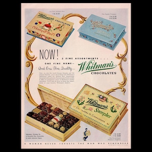 1948 Whitman&#39;s Chocolate Sampler Candy Magazine Ad