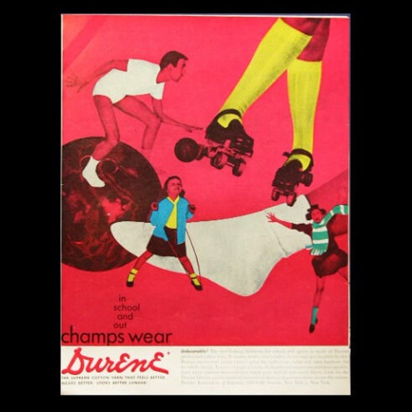 Retro 1958 Durene Champs Wear Magazine Ad, Hula Hoop Roller Skates, Retro 50s Decor