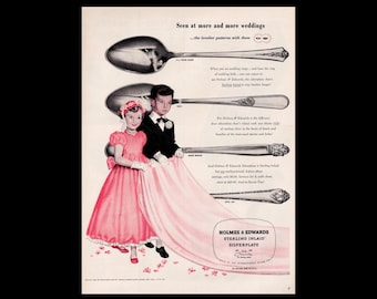 1950 Holmes & Edwards Silverplate Ad – Vintage 10x13 Wedding Print, Pink Hostess Style
