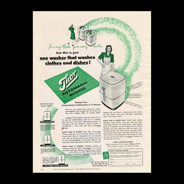 Original 1945 Thor Automagic Washer Magazine Ad, Washing Machine