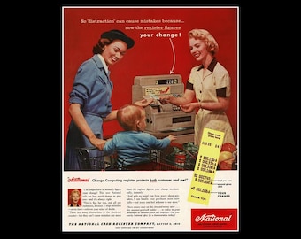 1956 National Cash Register Company Retro Magazine Ad, NCR Grocery Store General Store Decor