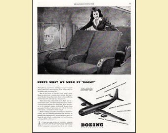 1947 Boeing Stratocruiser Print Ad • Stewardess Cabin Luxury Roomy Seats 10x13