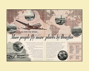 1946 Douglas DC-4 Print Ad • 2 Page Panel Pair World Map DC-6 Preview 8x11