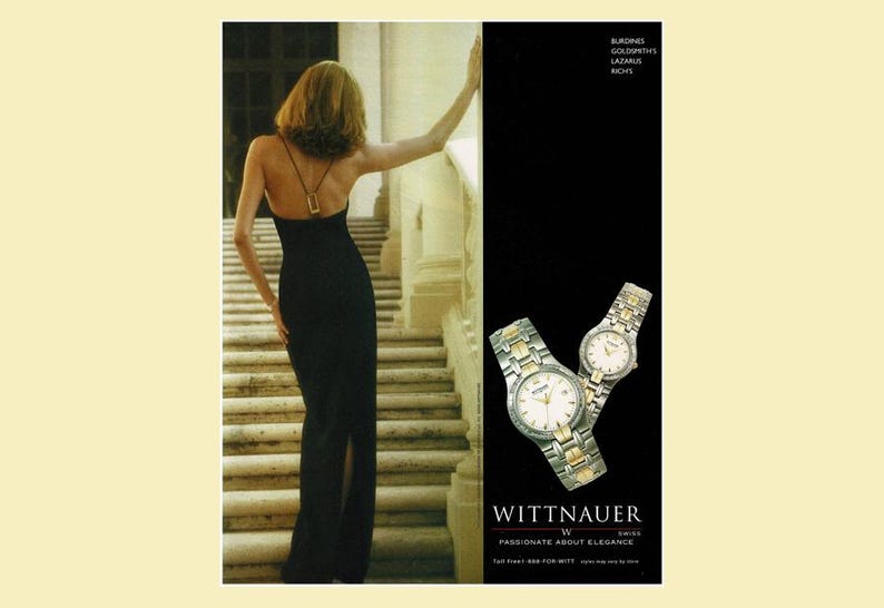 May include: An advertisement featuring a woman in a black dress ascending a staircase. Two Wittnauer watches with silver and gold bands are displayed against a black background. The text "WITTNAUER" and "PASSIONATE ABOUT ELEGANCE" are visible.