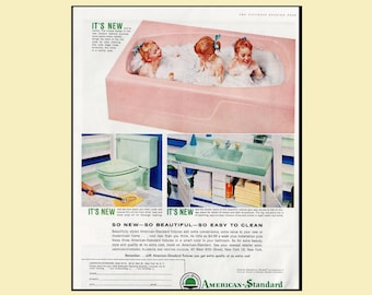 1959 American Standard Plumbing Magazine Ad - 10x13 Retro Pink Bathroom Décor