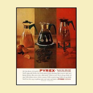 Pyrex Ware • Server & Warmer Carafe • 1960 Magazine Ad • Original 10×13 Page • Mid‑Century Kitchen Art