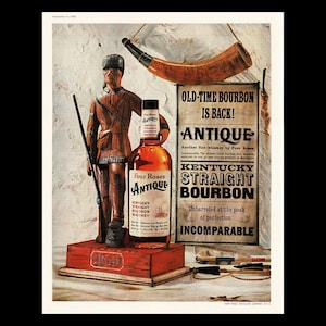 May include: Vintage advertisement for Antique Kentucky Straight Bourbon. The image features a bottle of bourbon next to a wooden statue of a frontiersman, with a horn and a sign that reads "Old-Time Bourbon Is Back!"