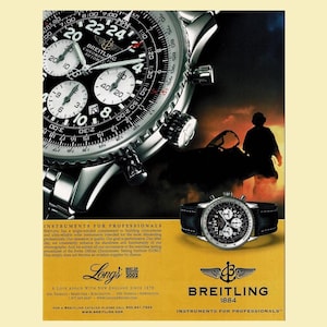 May include: An advertisement for Breitling watches. The image features a close-up of a silver and black watch face, a watch on a black leather band, and a silhouette of a person. The text reads "INSTRUMENTS FOR PROFESSIONALS."