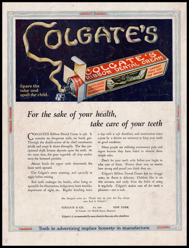 Toothpaste Ribbon 1921 Colgate's Ribbon Dental Cream Magazine Ad, Toothpaste Tooth Paste ...