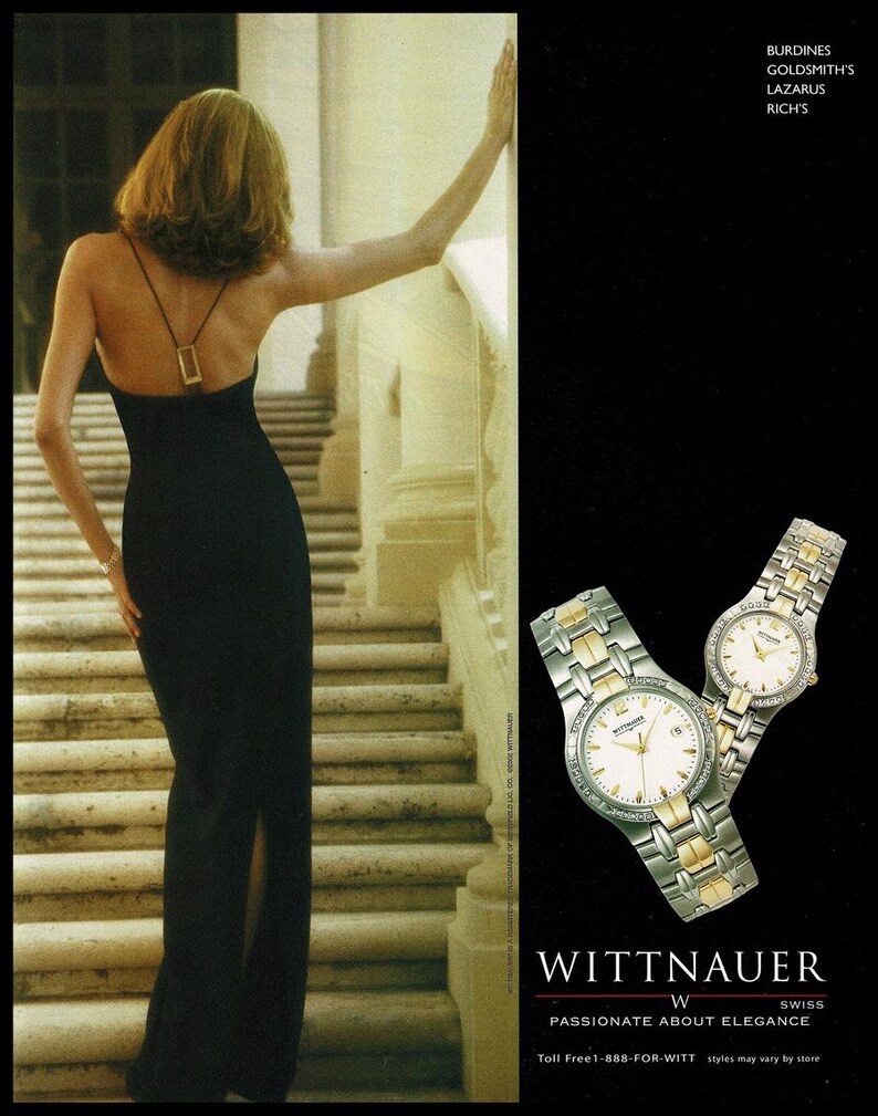 May include: A woman in a black evening gown stands on a stone staircase. The dress has a low back with a gold-colored accent. Two Wittnauer Swiss watches with silver and gold bands are displayed. Text reads "WITTNAUER SWISS PASSIONATE ABOUT ELEGANCE."