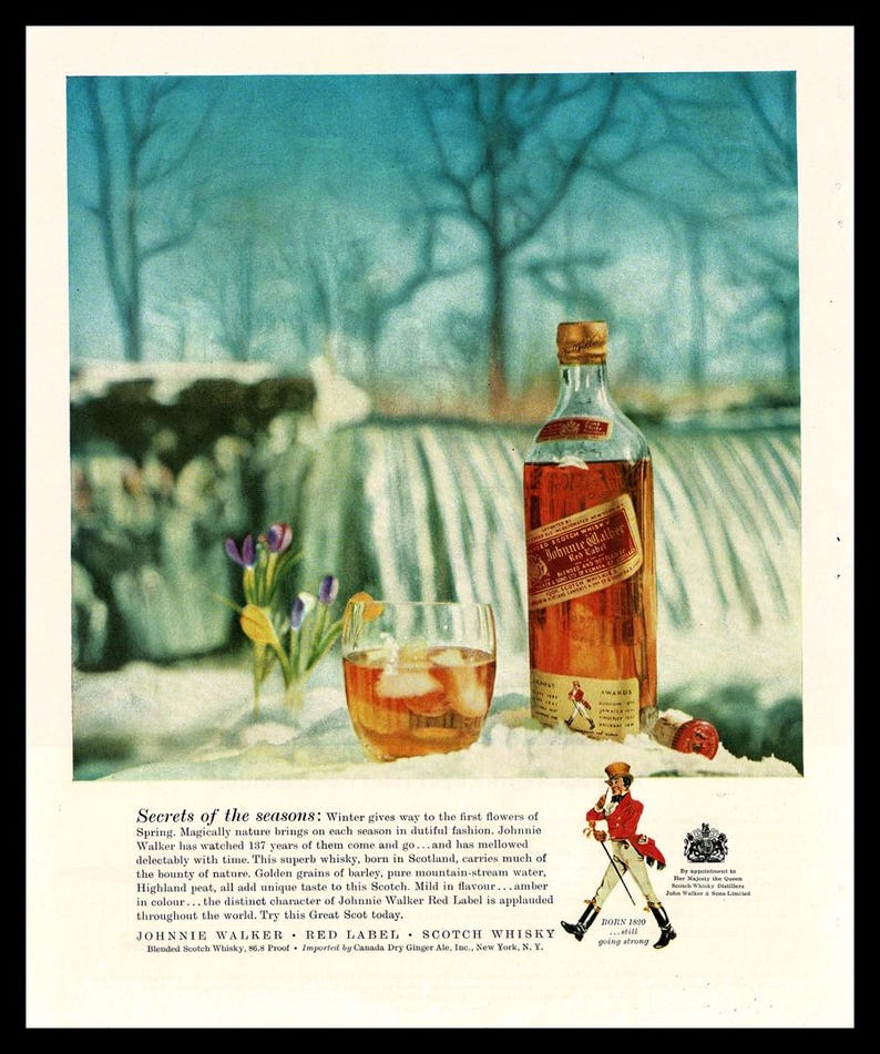 May include: A bottle of Johnnie Walker Red Label Scotch Whisky with a glass of ice and a man in a red coat walking with a cane. The background is a snowy landscape with trees and flowers.