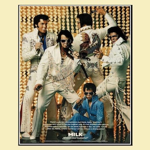 Vintage print advertisement for the Milk "Got Milk?" campaign featuring multiple Elvis Presley impersonators in white bedazzled jumpsuits with milk mustaches under bright marquee lights.