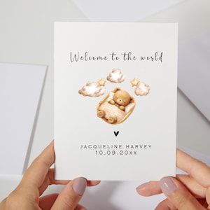 Carte pour bébé Ours en peluche ballon | Carte de naissance pour nièce et neveu | Cadeau pour un nouveau petit-fils et petite-fille | Bienvenue dans le monde (C172)