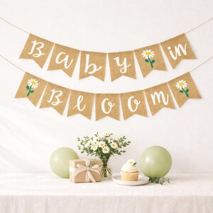Baby in Bloom Banner | Burlap Baby Decoration | Daisy Floral Shower Backdrop | Spring Party Decor (B606)
