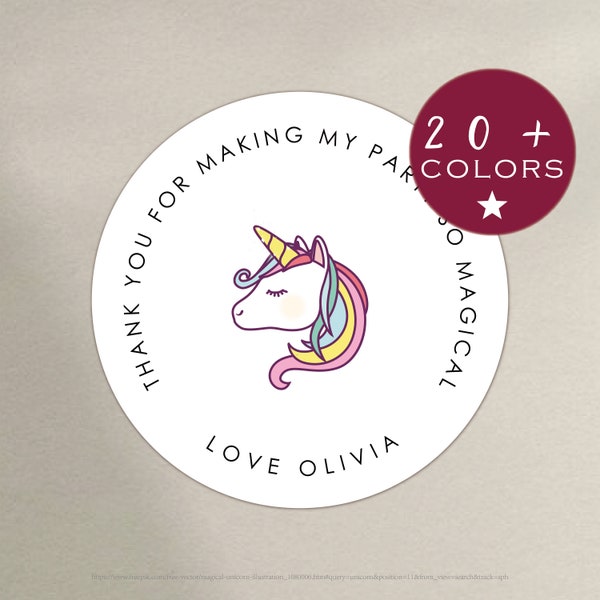 Unicorn Birthday Thank You Sticker | Unicorn Party Label | Magical Birthday Favor | Rainbow Thank You Circles | Sweet Cone Stickers (B376)