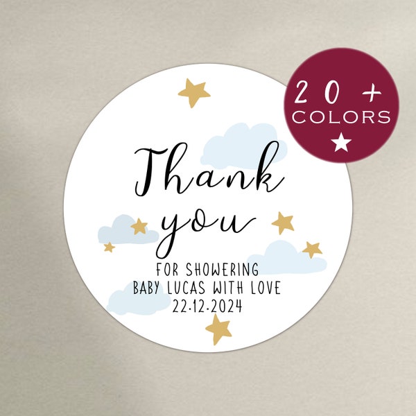 Baby Shower Thank You Stickers | Baby Shower Favor Label | Thank You For Showering Our Baby | Circle Sticker Label | Cloud and Star (B100)
